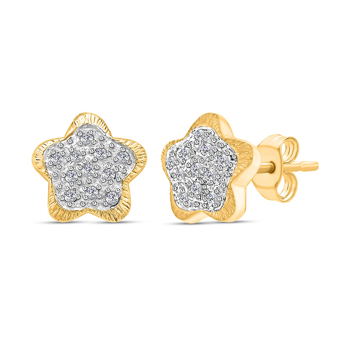 9K Yellow Gold Diamond Floral Stud Earrings 0.15 Ct