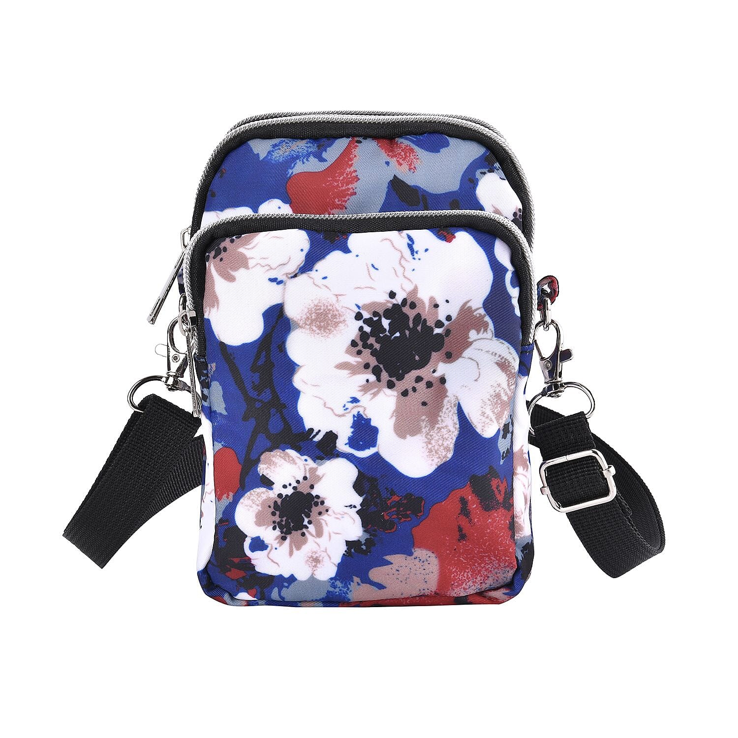 Oxford Flower Crossbody Bag With Zipped Pockets -Dark Blue & White