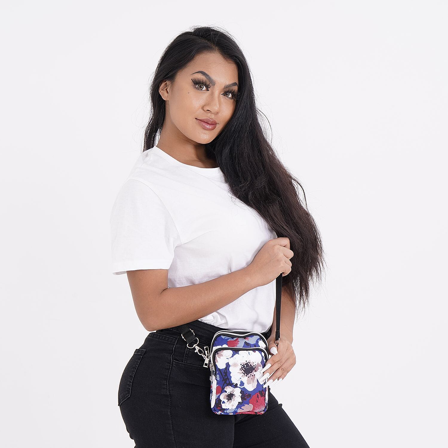 Oxford Flower Crossbody Bag With Zipped Pockets -Dark Blue & White