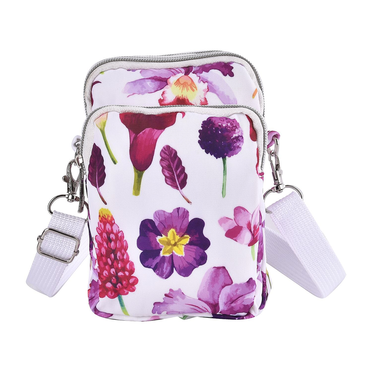 Oxford Flower Crossbody Bag With Zipped Pockets - White & Blue