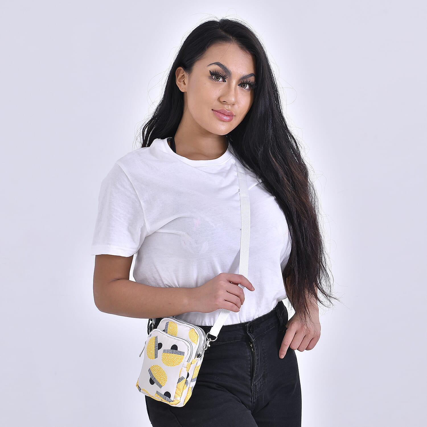 Oxford Mushroom Crossbody Bag With Zipped Pockets - White & Yellow