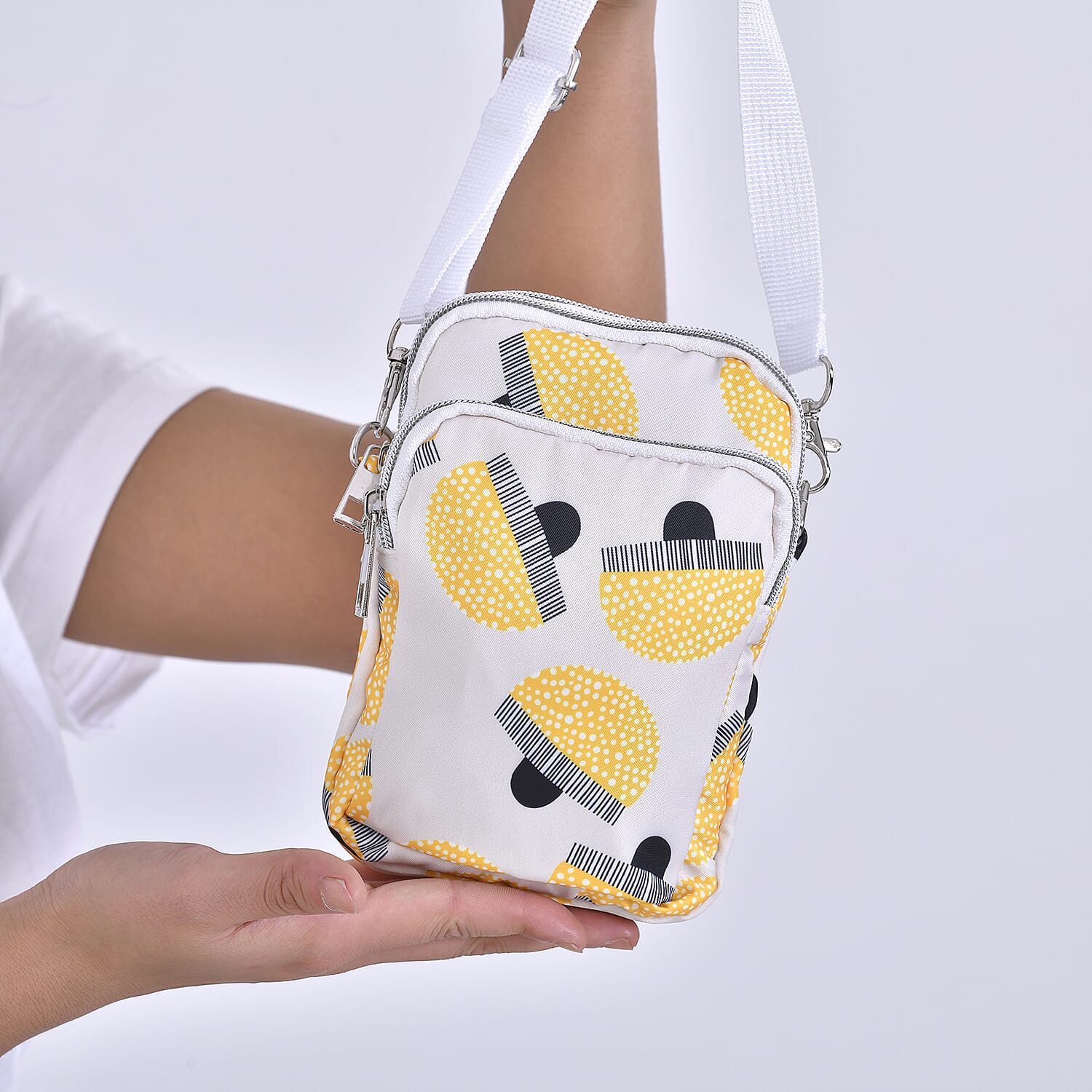 Oxford Mushroom Crossbody Bag With Zipped Pockets - White & Yellow