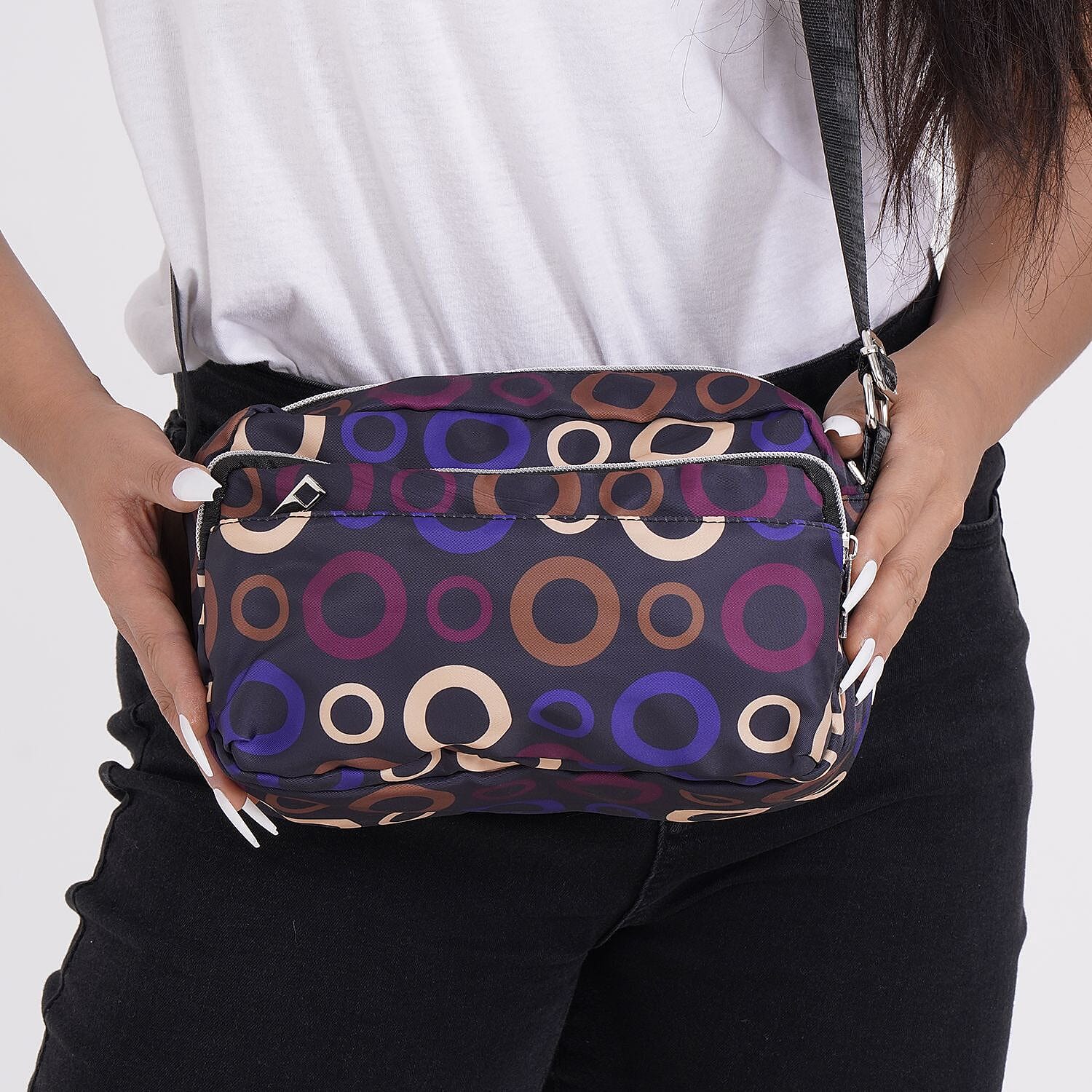 Circle Pattern Crossbody Bag with 4 Exterior Zipped Pockets (Size 29x13x15 cm) - Dark Blue & Multi