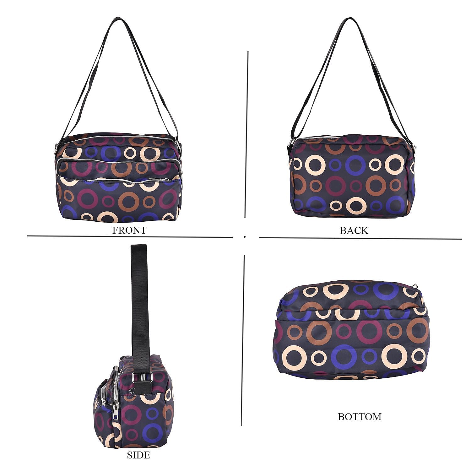 Circle Pattern Crossbody Bag with 4 Exterior Zipped Pockets (Size 29x13x15 cm) - Dark Blue & Multi