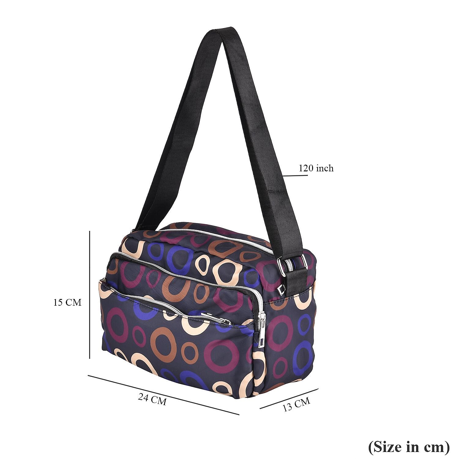 Circle Pattern Crossbody Bag with 4 Exterior Zipped Pockets (Size 29x13x15 cm) - Dark Blue & Multi