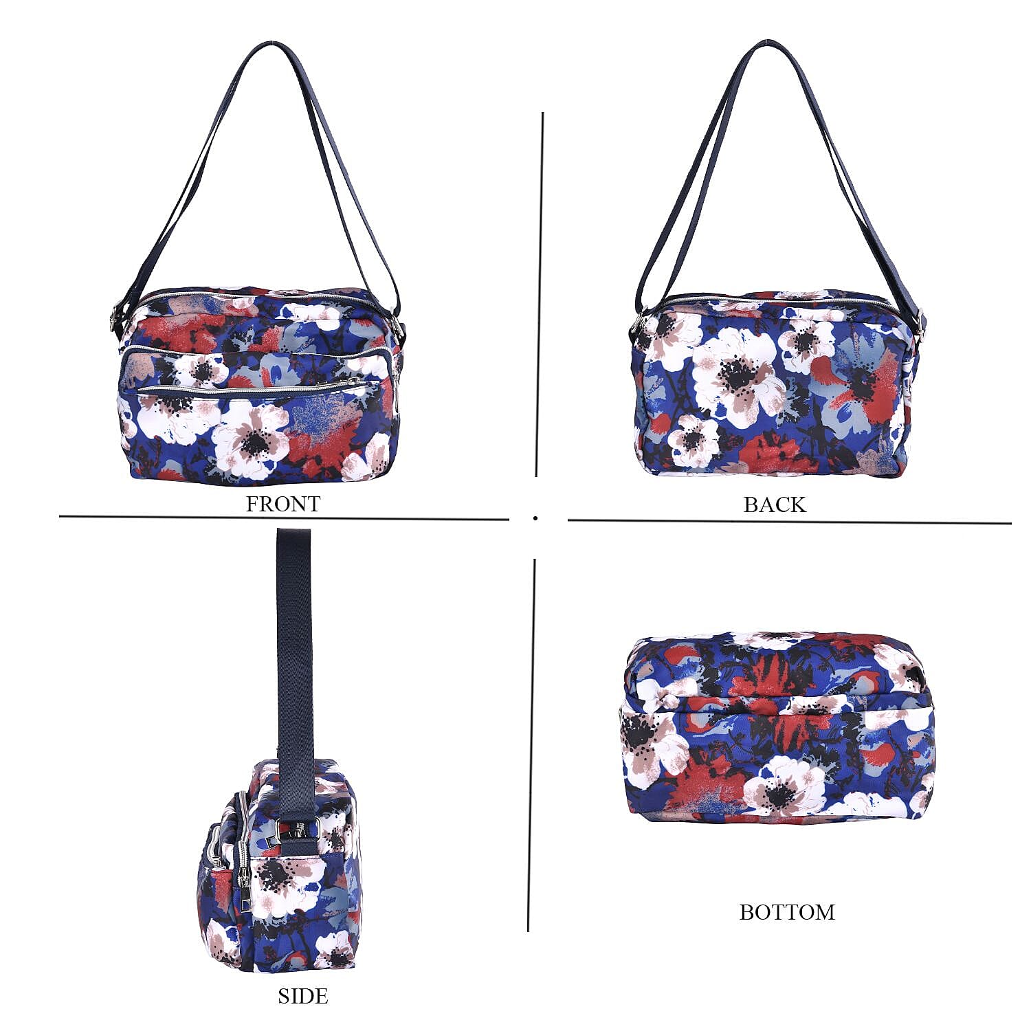 Floral Pattern Crossbody Bag with 4 Exterior Zipped Pockets (Size 24x13x15 cm) - Dark Blue & Multi
