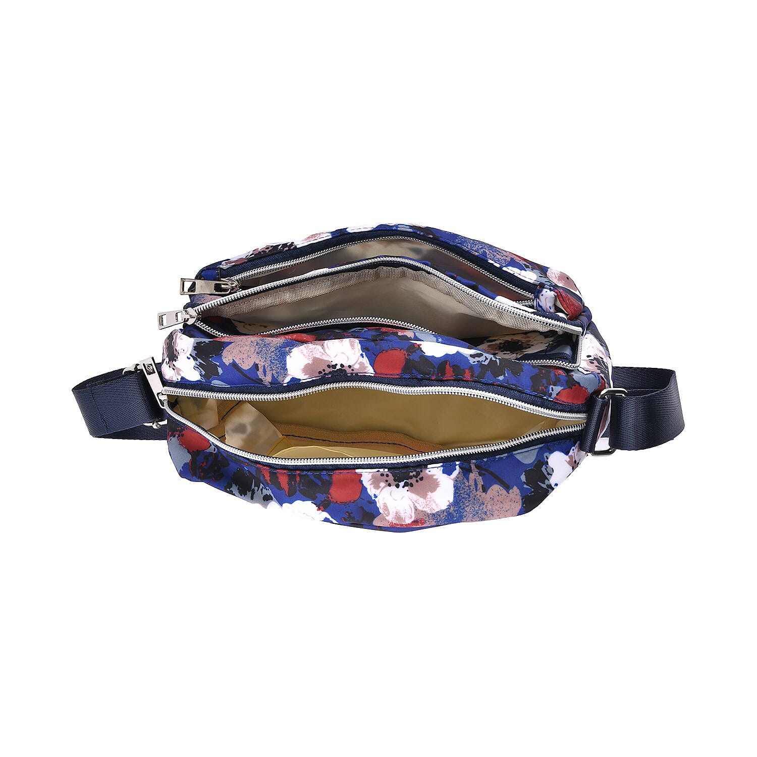 Floral Pattern Crossbody Bag with 4 Exterior Zipped Pockets (Size 24x13x15 cm) - Dark Blue & Multi
