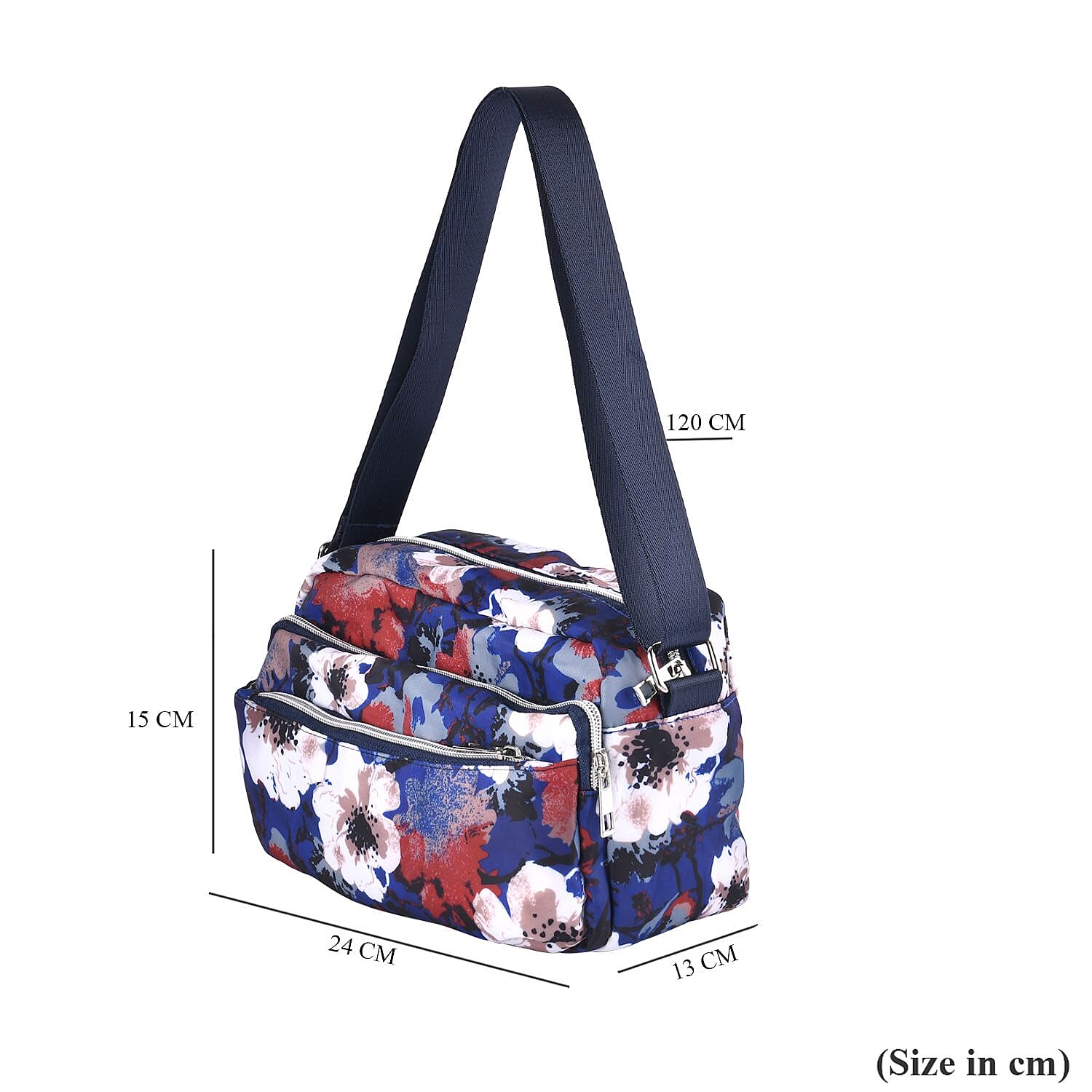 Floral Pattern Crossbody Bag with 4 Exterior Zipped Pockets (Size 24x13x15 cm) - Dark Blue & Multi