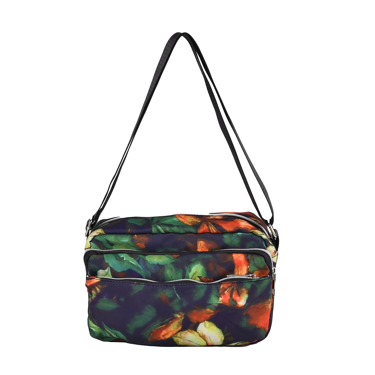 Leaves Pattern Crossbody Bag with 4 Exterior Zipped Pockets (Size 24x13x15 cm) - Multi