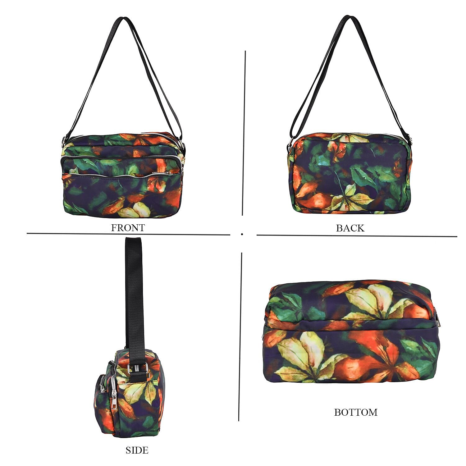 Leaves Pattern Crossbody Bag with 4 Exterior Zipped Pockets (Size 24x13x15 cm) - Multi