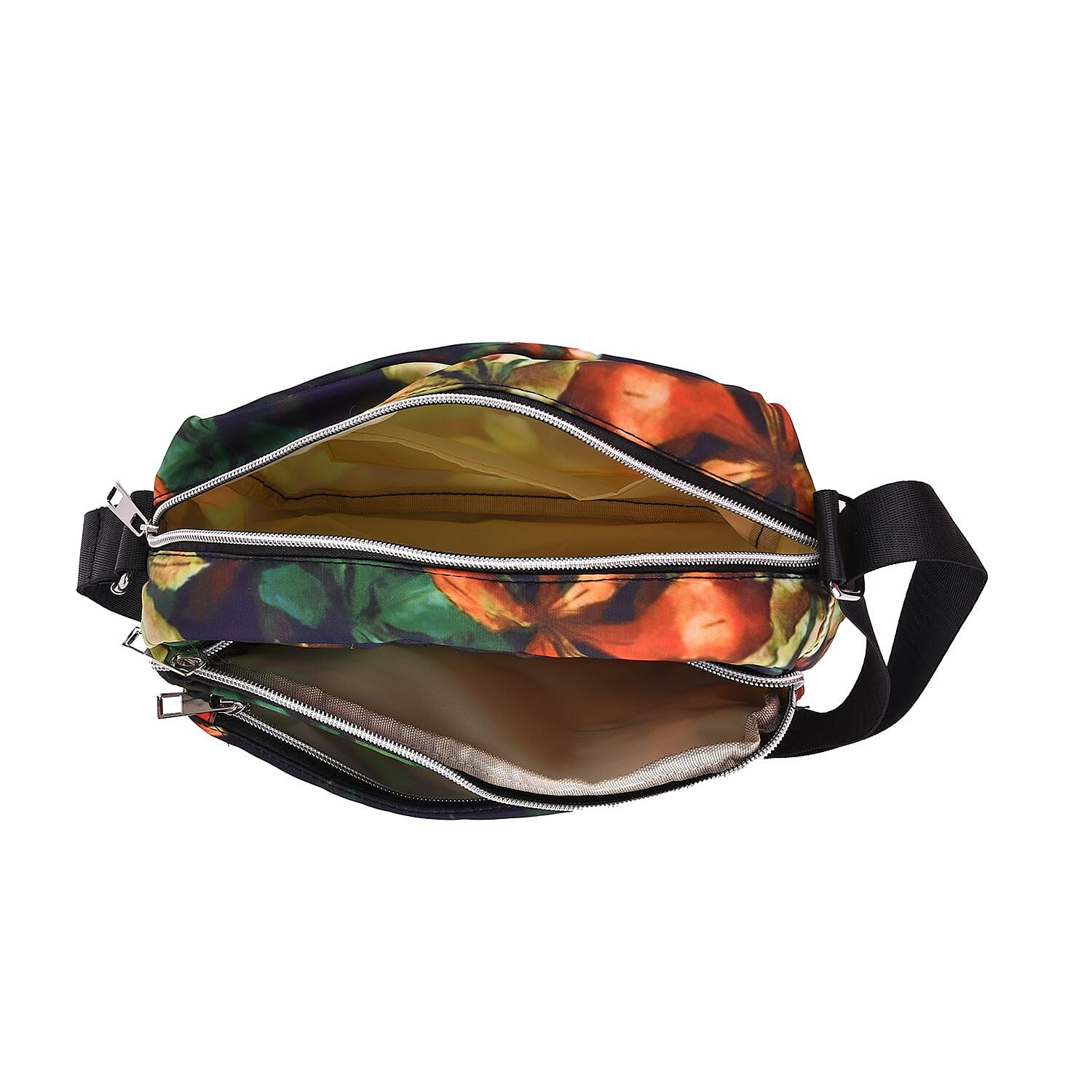 Leaves Pattern Crossbody Bag with 4 Exterior Zipped Pockets (Size 24x13x15 cm) - Multi