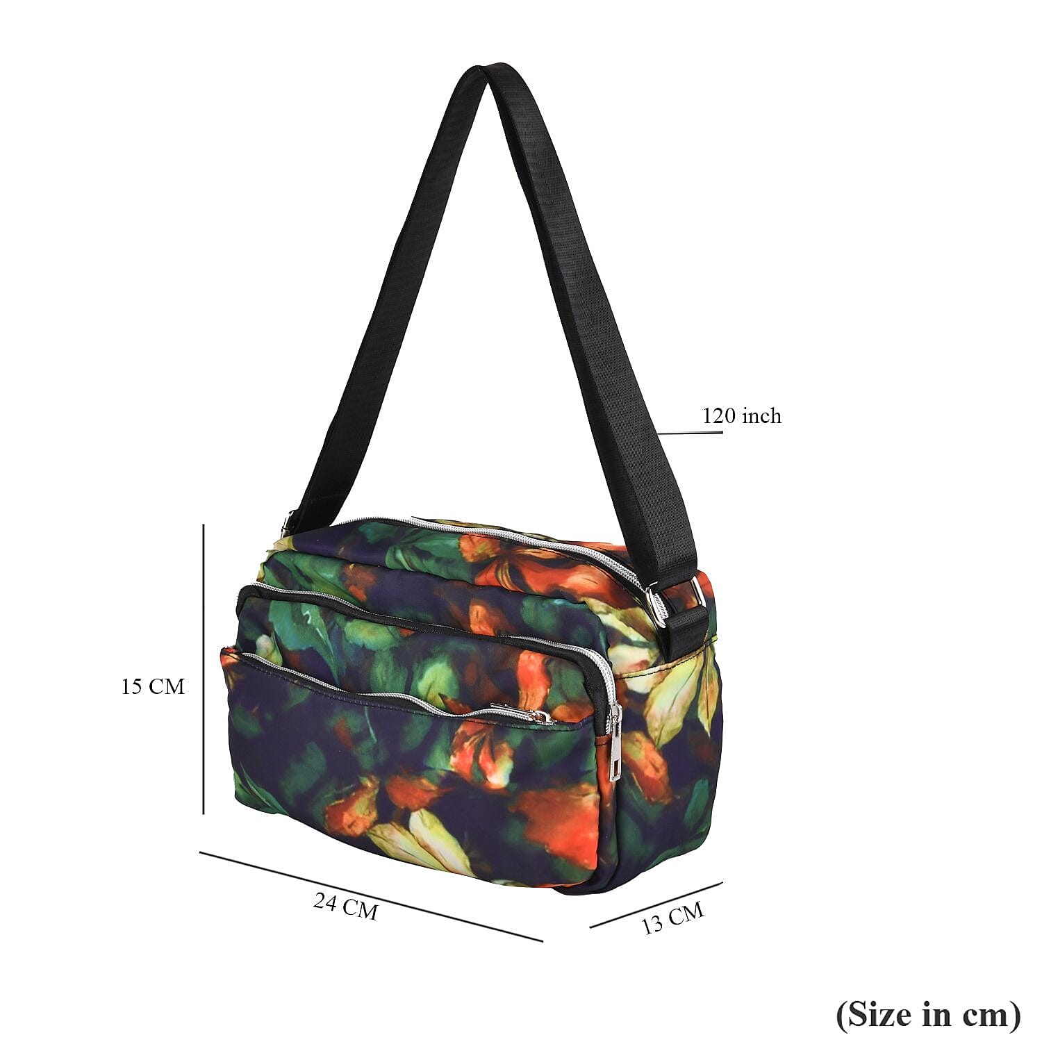Leaves Pattern Crossbody Bag with 4 Exterior Zipped Pockets (Size 24x13x15 cm) - Multi