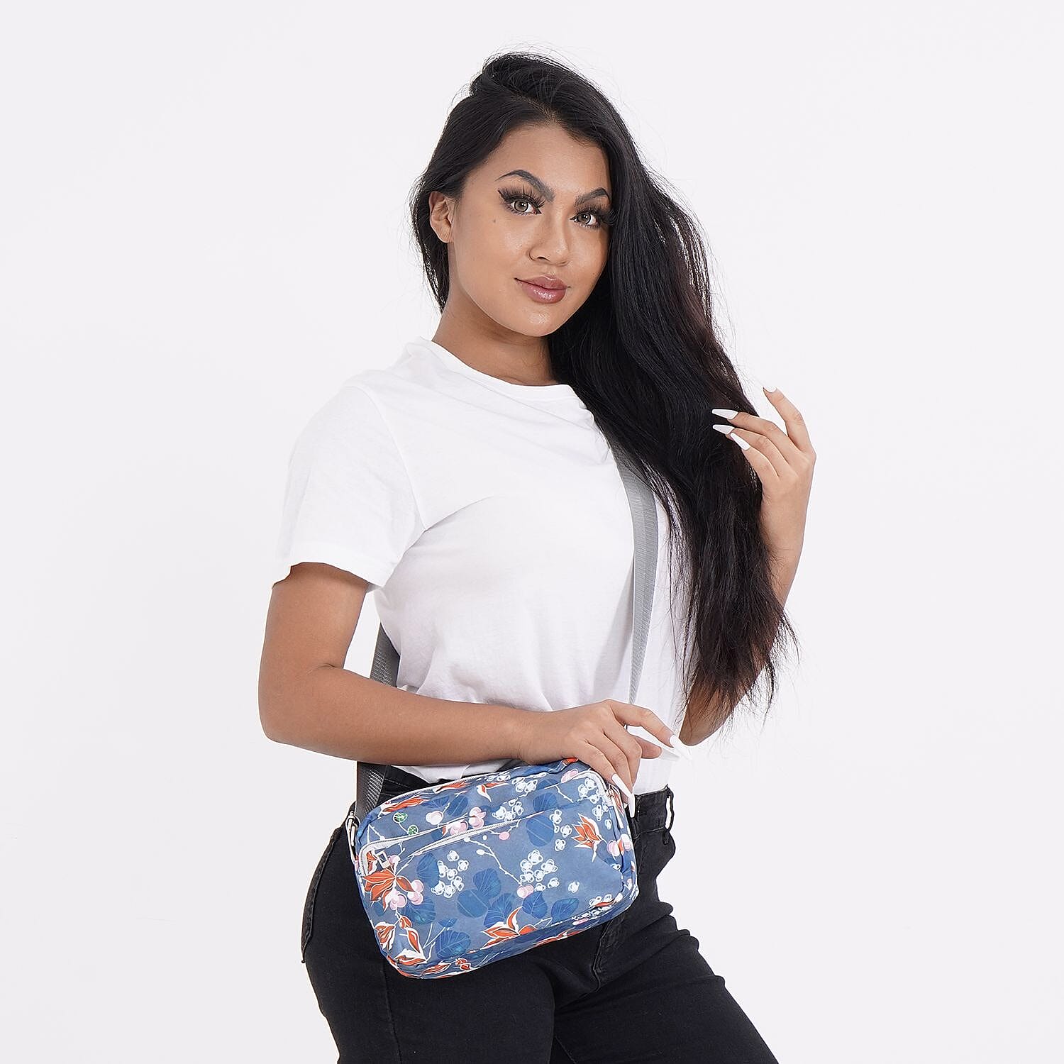 Floral Pattern Crossbody Bag with 4 Exterior Zipped Pockets (Size 24x13x15 cm) - Green & Multi