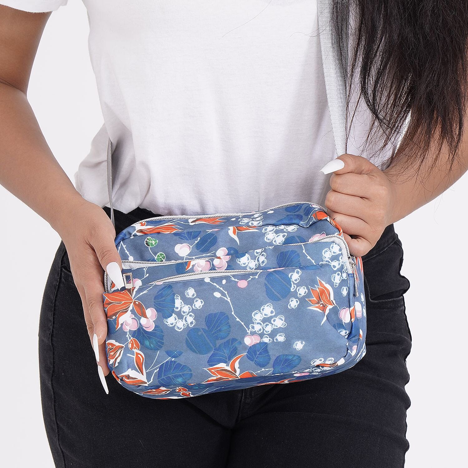 Floral Pattern Crossbody Bag with 4 Exterior Zipped Pockets (Size 24x13x15 cm) - Green & Multi