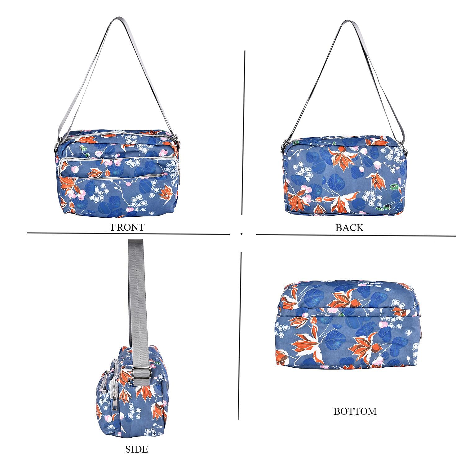 Floral Pattern Crossbody Bag with 4 Exterior Zipped Pockets (Size 24x13x15 cm) - Green & Multi