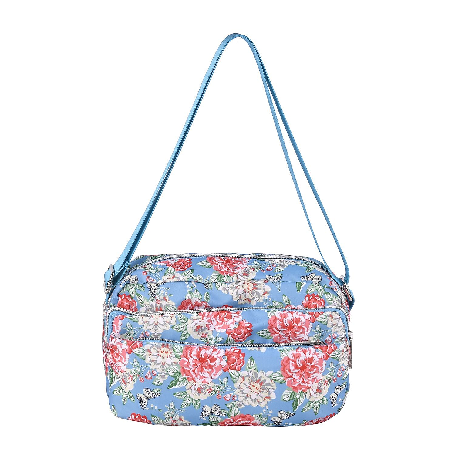 Floral Pattern Crossbody Bag with 4 Exterior Zipped Pockets (Size 24x13x15 cm) - Blue & Multi