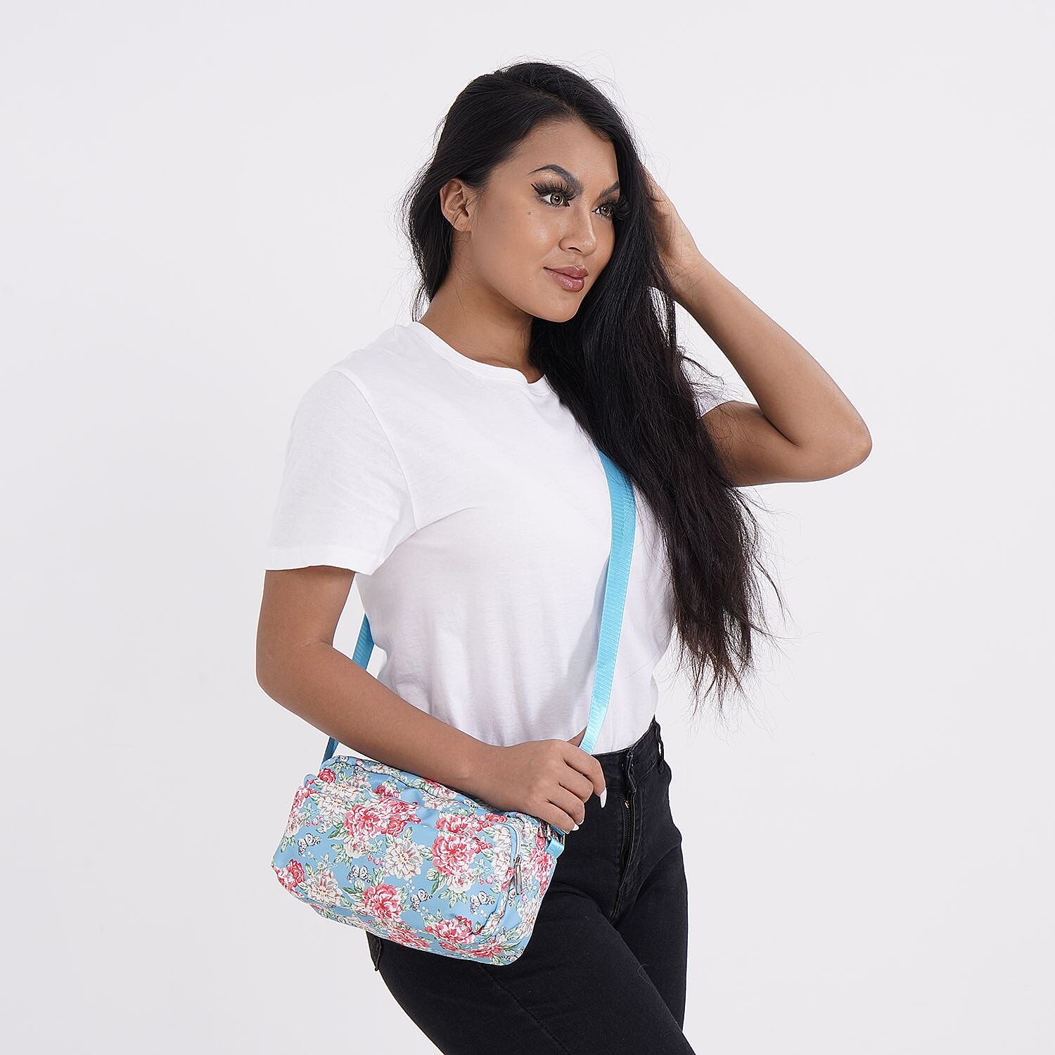 Floral Pattern Crossbody Bag with 4 Exterior Zipped Pockets (Size 24x13x15 cm) - Blue & Multi