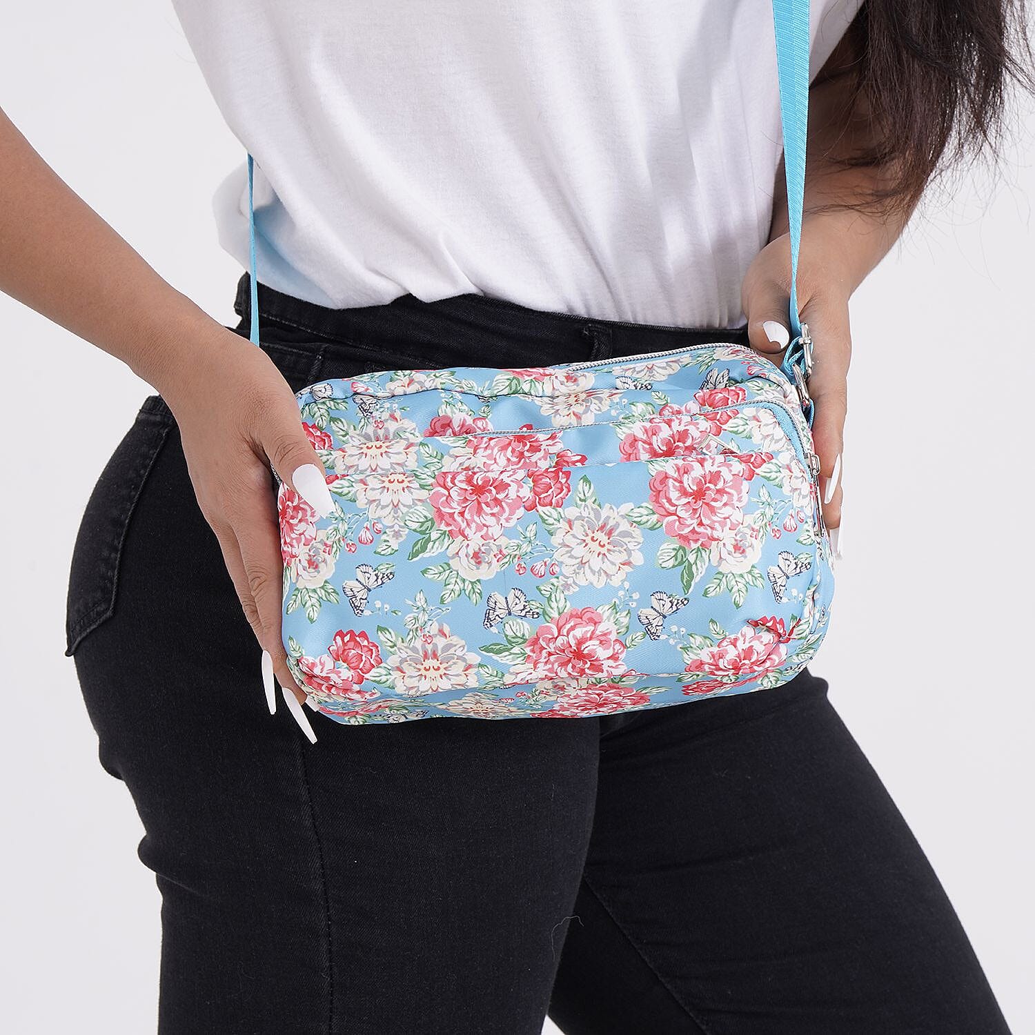 Floral Pattern Crossbody Bag with 4 Exterior Zipped Pockets (Size 24x13x15 cm) - Blue & Multi