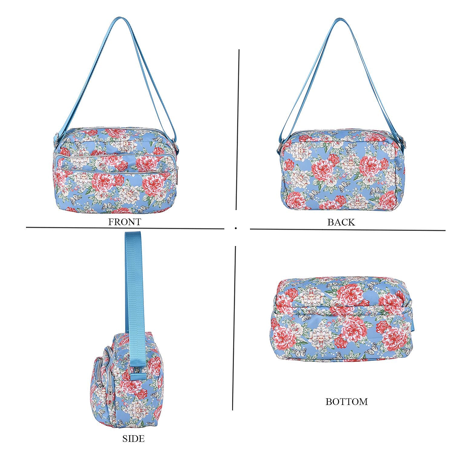 Floral Pattern Crossbody Bag with 4 Exterior Zipped Pockets (Size 24x13x15 cm) - Blue & Multi