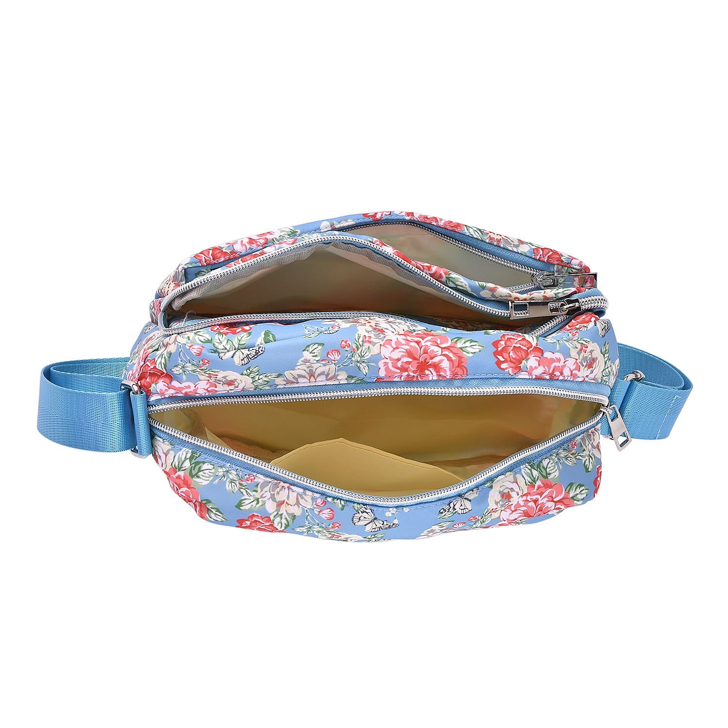 Floral Pattern Crossbody Bag with 4 Exterior Zipped Pockets (Size 24x13x15 cm) - Blue & Multi