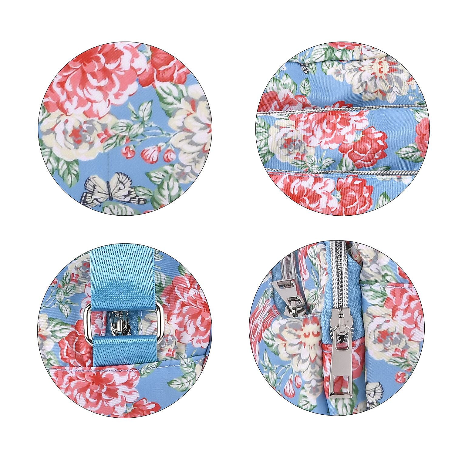 Floral Pattern Crossbody Bag with 4 Exterior Zipped Pockets (Size 24x13x15 cm) - Blue & Multi