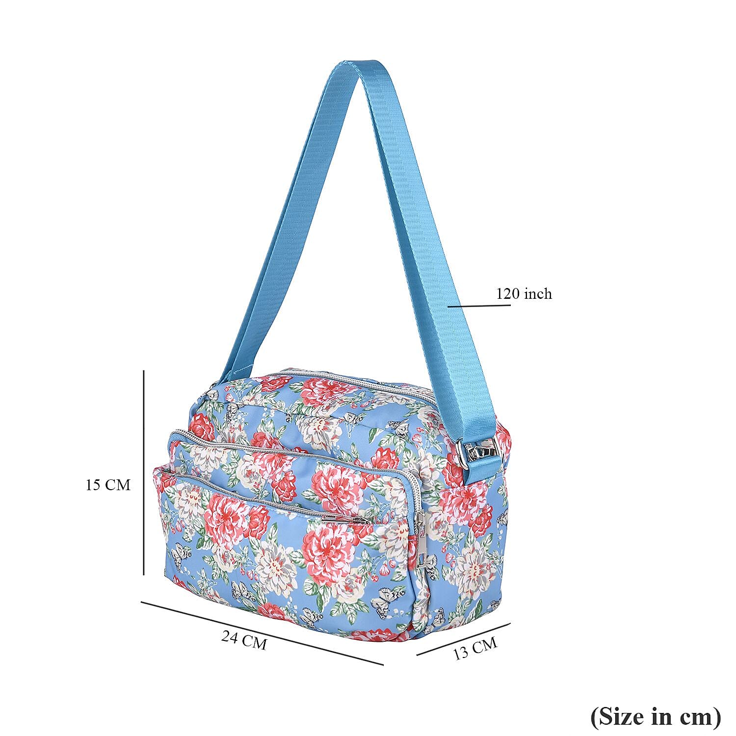 Floral Pattern Crossbody Bag with 4 Exterior Zipped Pockets (Size 24x13x15 cm) - Blue & Multi