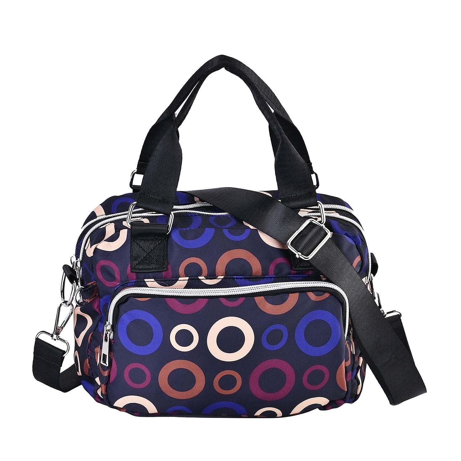 Circle Pattern Crossbody Bag with Exterior 3 Zipped Pockets - Black & Multi