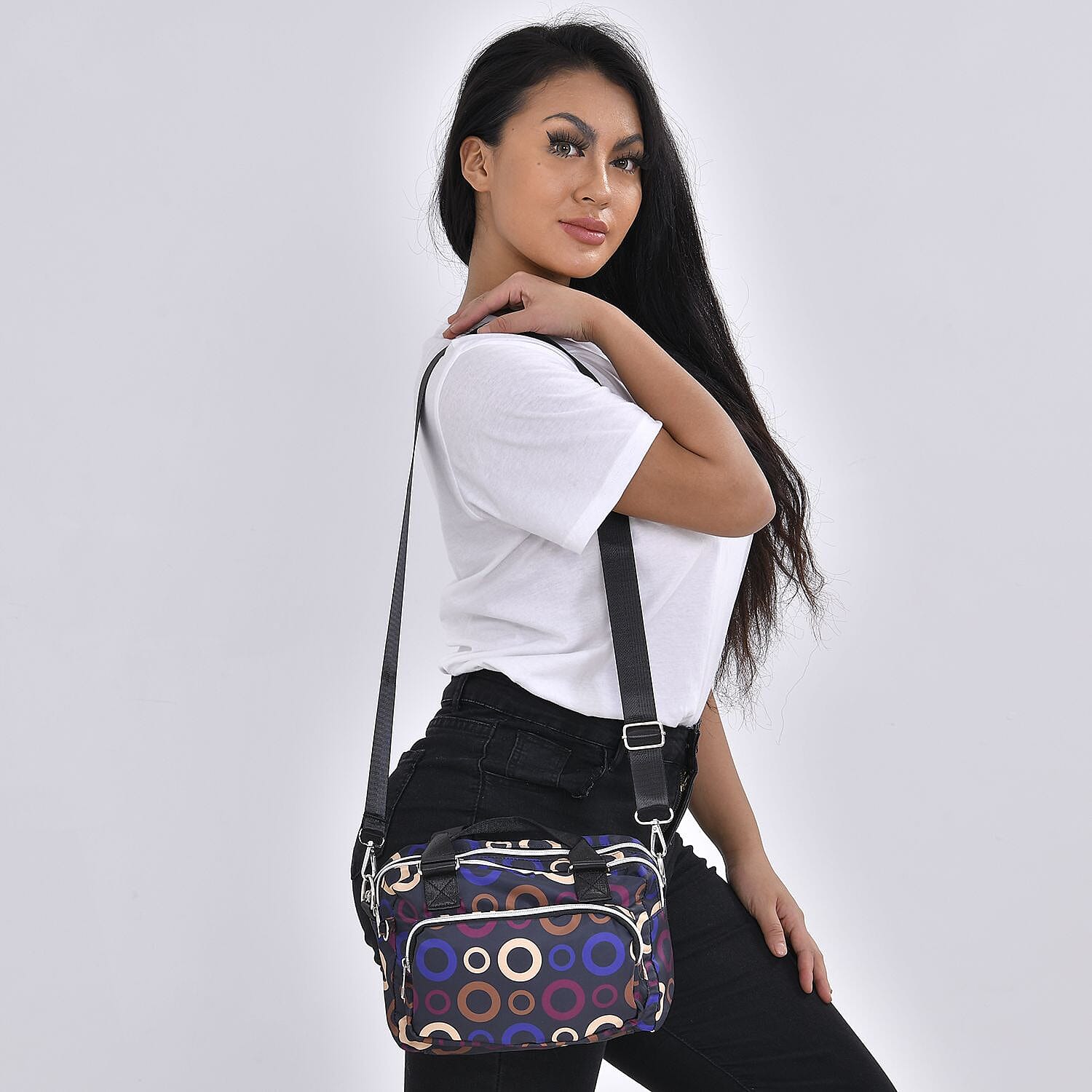 Circle Pattern Crossbody Bag with Exterior 3 Zipped Pockets - Black & Multi