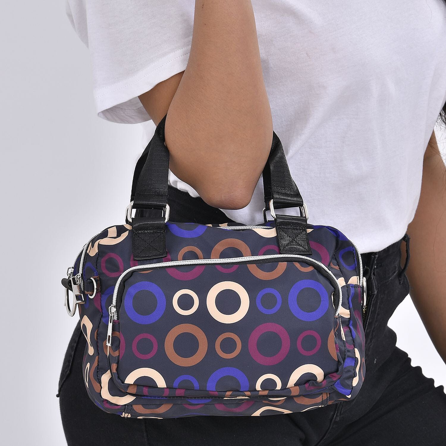 Circle Pattern Crossbody Bag with Exterior 3 Zipped Pockets - Black & Multi