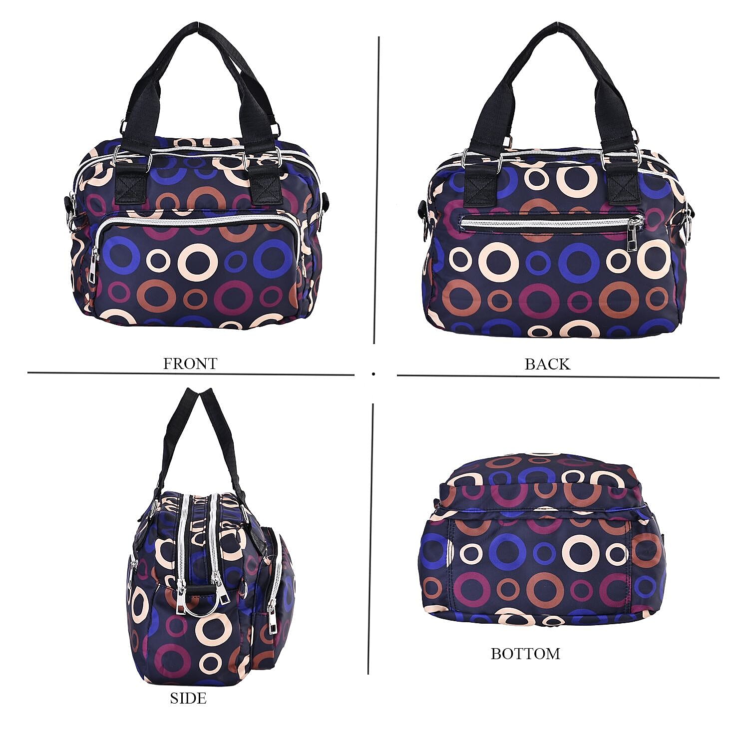 Circle Pattern Crossbody Bag with Exterior 3 Zipped Pockets - Black & Multi