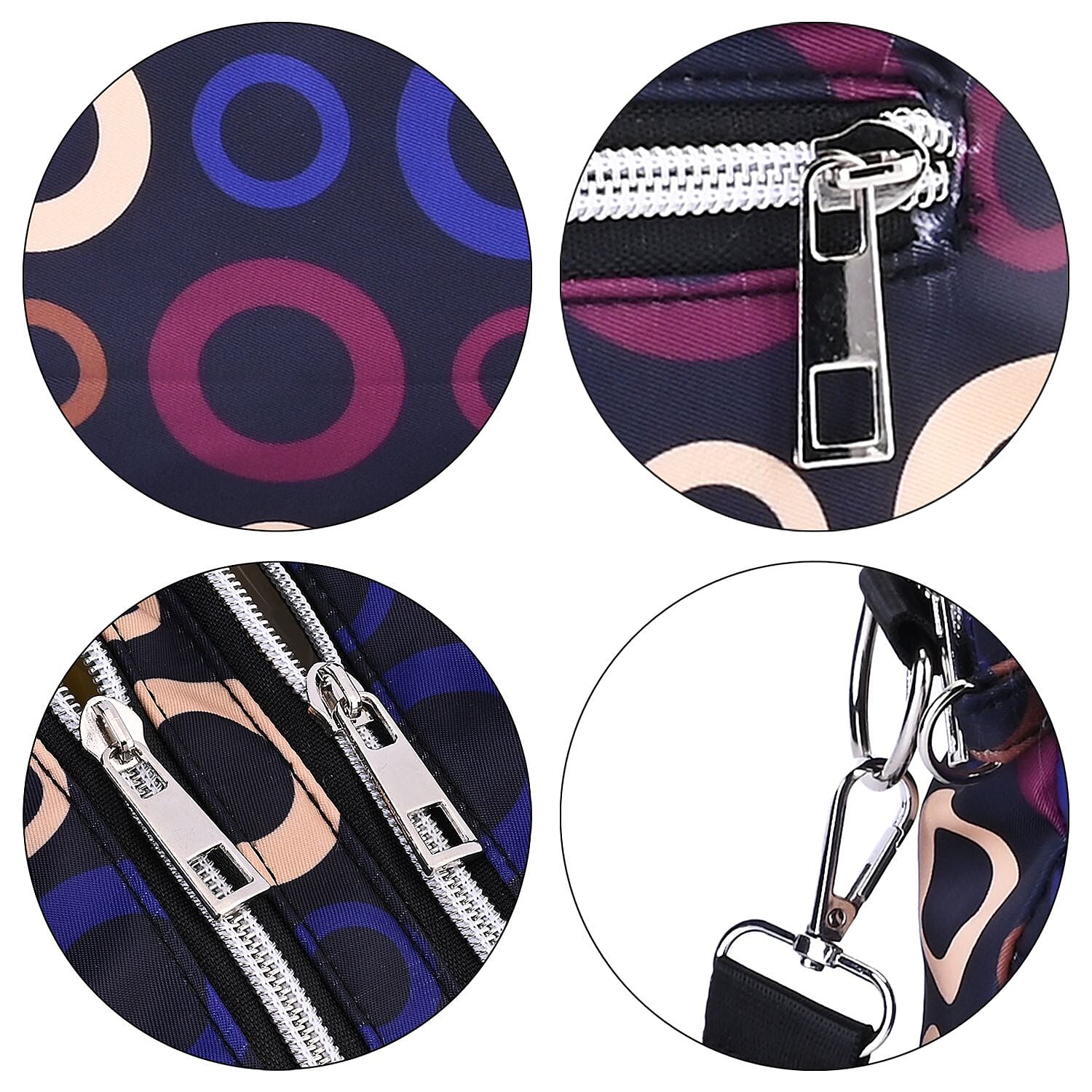 Circle Pattern Crossbody Bag with Exterior 3 Zipped Pockets - Black & Multi