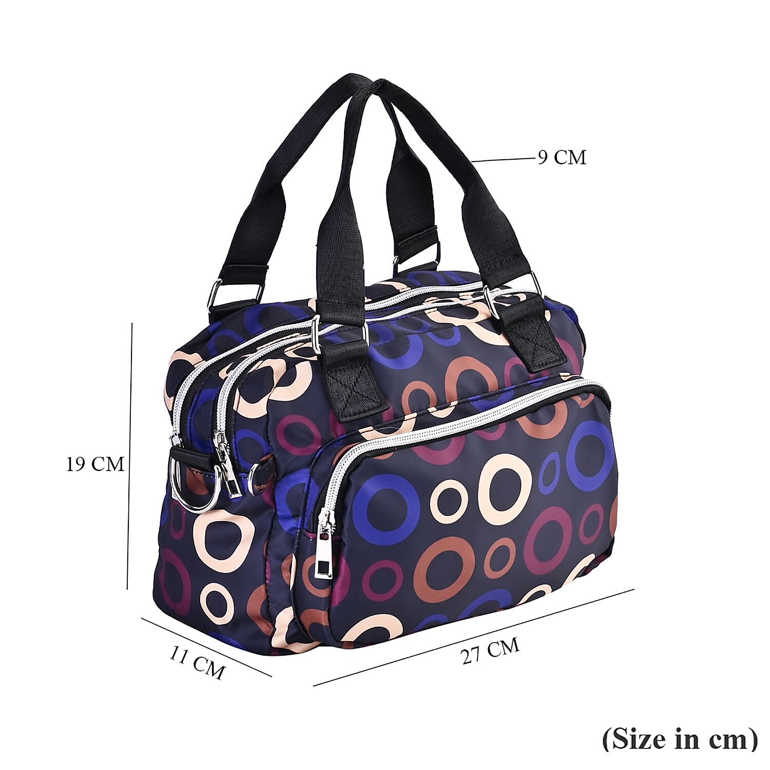 Circle Pattern Crossbody Bag with Exterior 3 Zipped Pockets - Black & Multi