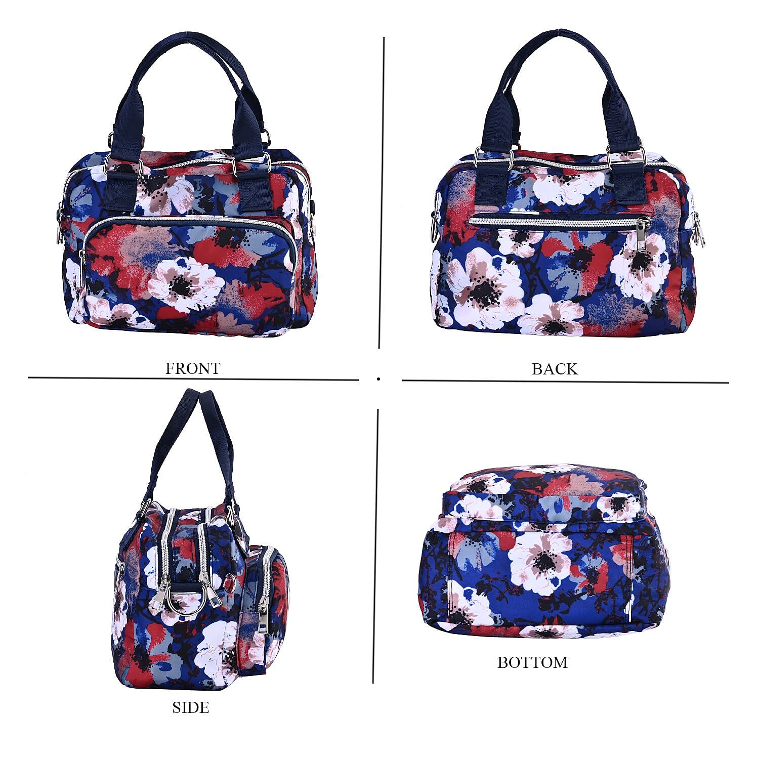 Floral Pattern Crossbody Bag With Exterior 3 Zipped Pockets - Dark Blue