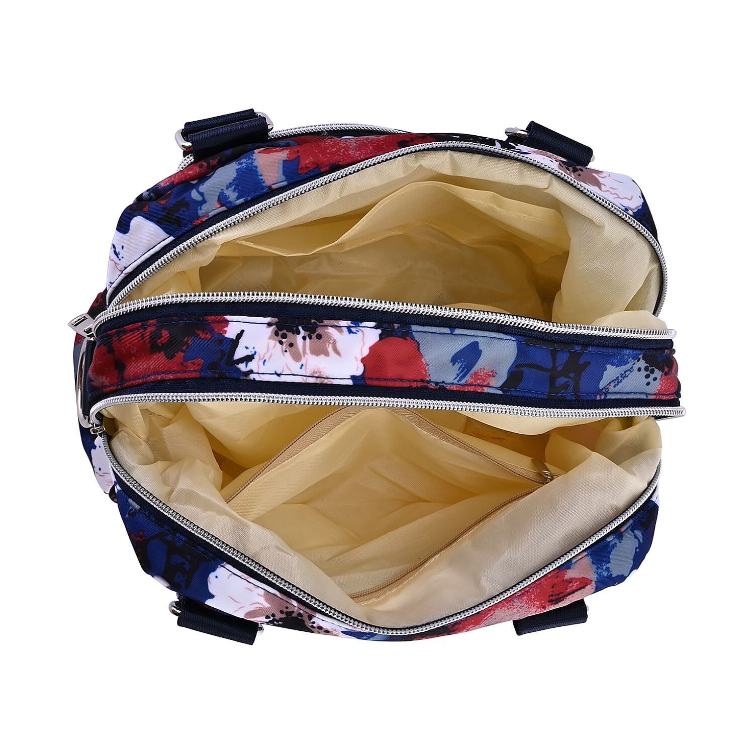 Floral Pattern Crossbody Bag With Exterior 3 Zipped Pockets - Dark Blue