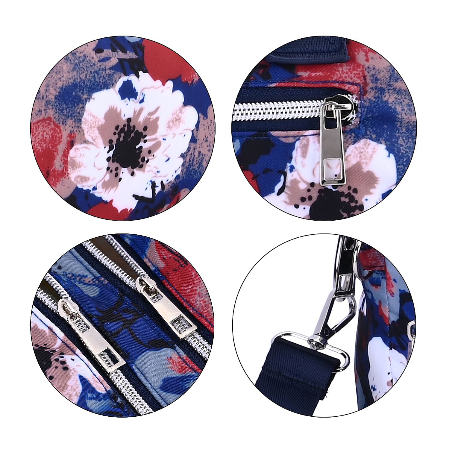 Floral Pattern Crossbody Bag With Exterior 3 Zipped Pockets - Dark Blue