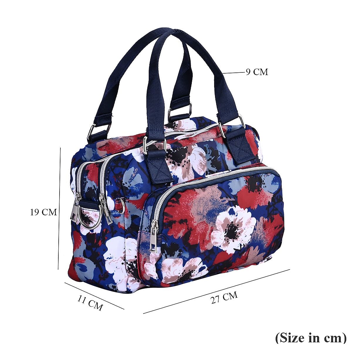 Floral Pattern Crossbody Bag With Exterior 3 Zipped Pockets - Dark Blue
