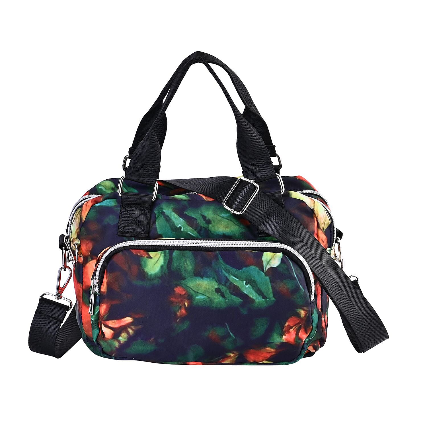 Oxford Leaf Pattern Crossbody Bag With Exterior 3 Zipped Pockets - Black & Multi