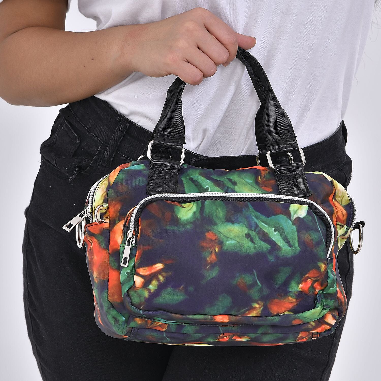 Oxford Leaf Pattern Crossbody Bag With Exterior 3 Zipped Pockets - Black & Multi