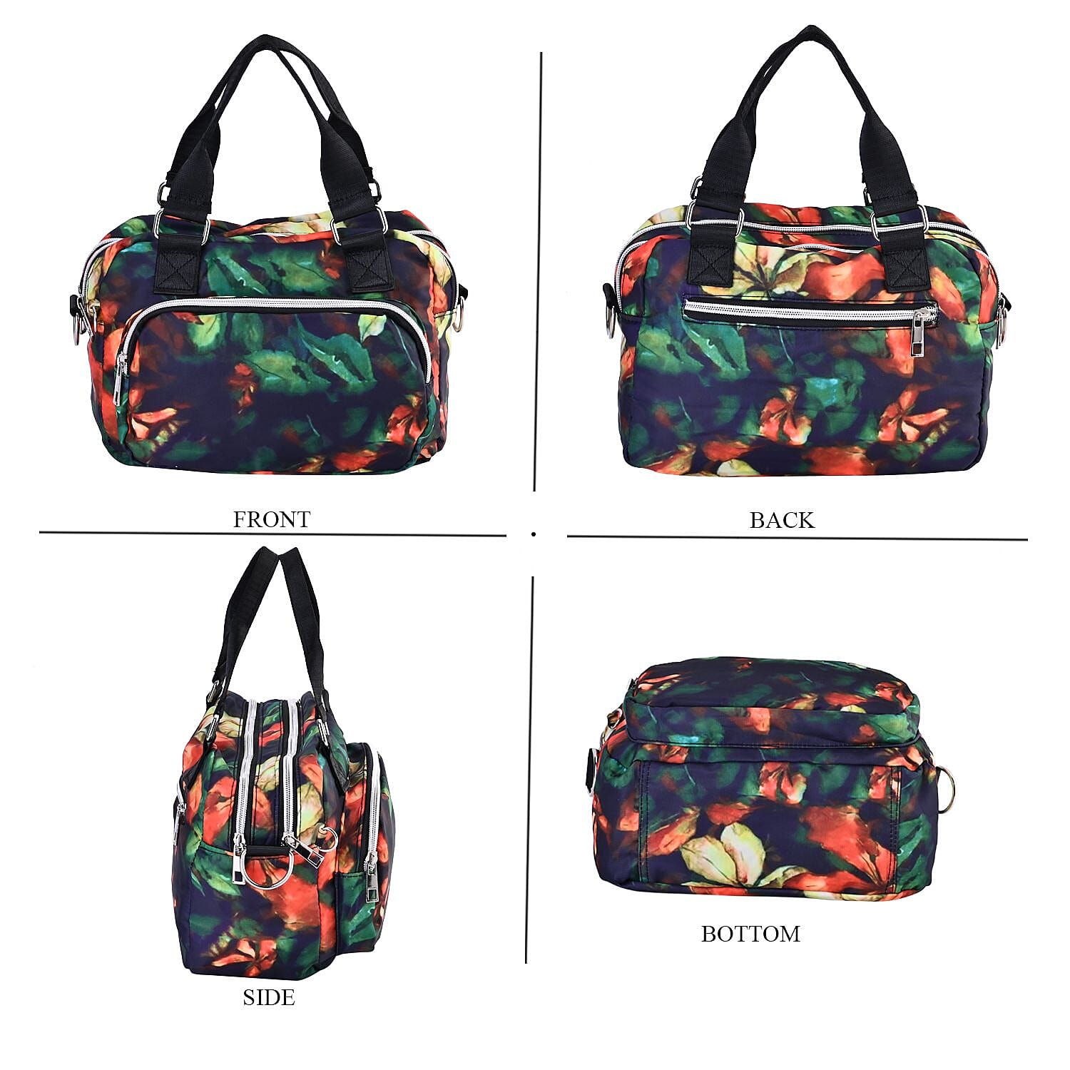 Oxford Leaf Pattern Crossbody Bag With Exterior 3 Zipped Pockets - Black & Multi