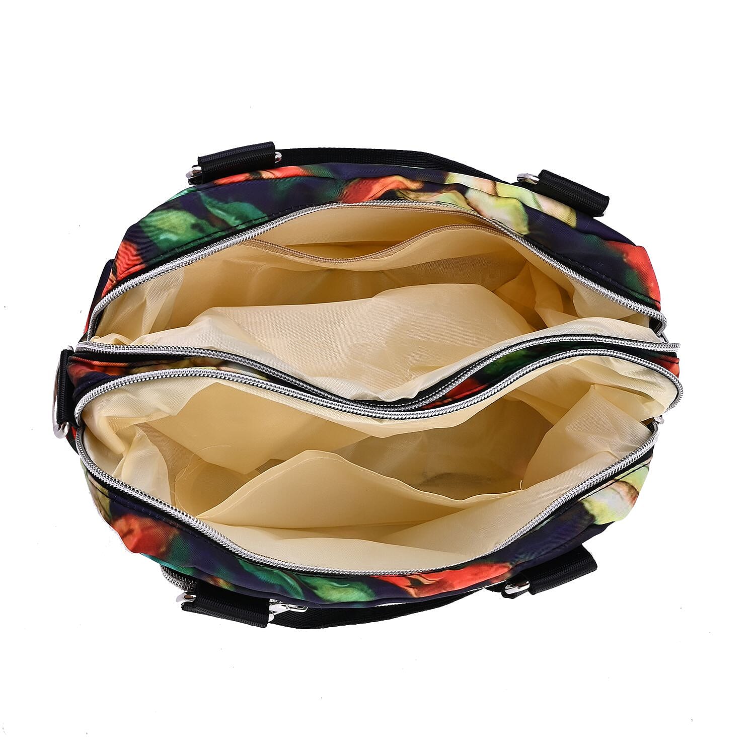 Oxford Leaf Pattern Crossbody Bag With Exterior 3 Zipped Pockets - Black & Multi