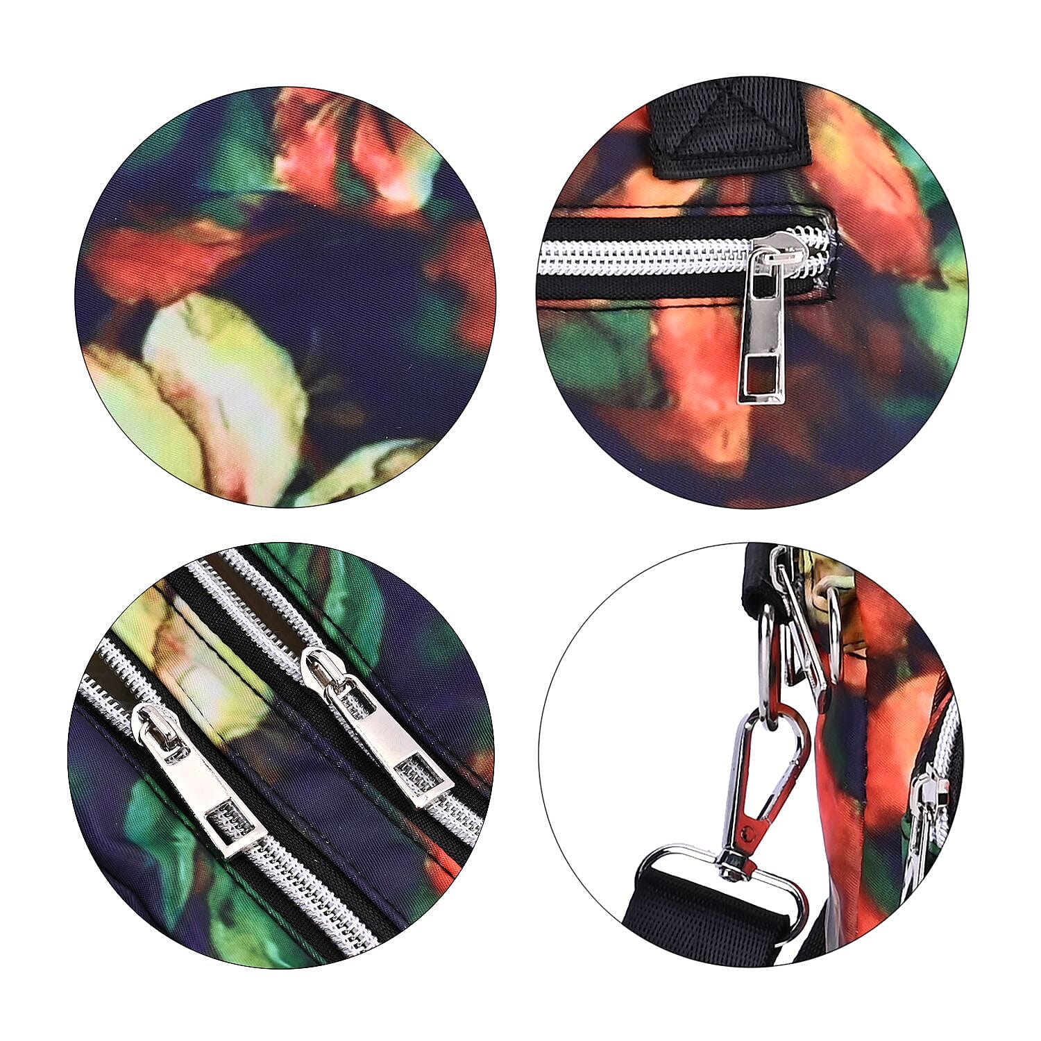 Oxford Leaf Pattern Crossbody Bag With Exterior 3 Zipped Pockets - Black & Multi