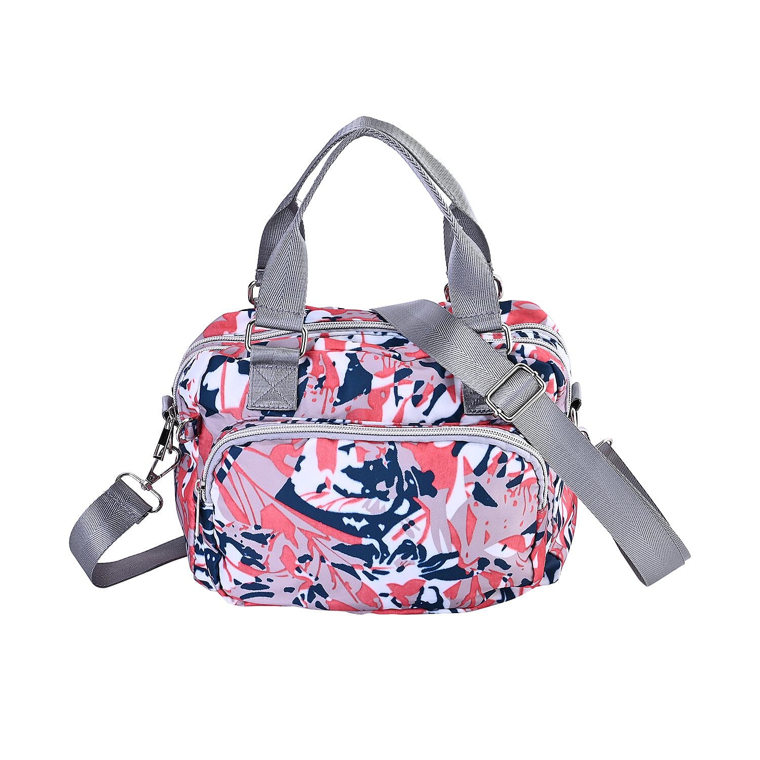 Leaves Pattern Crossbody Bag With Exterior 3 Zipped Pockets - Pink & Multi