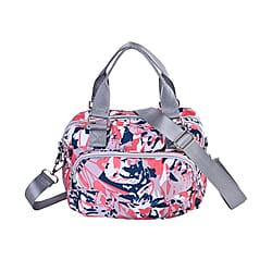 Oxford Leaf Pattern Crossbody Bag With Exterior 3 Zipped Pockets - Black & Multi
