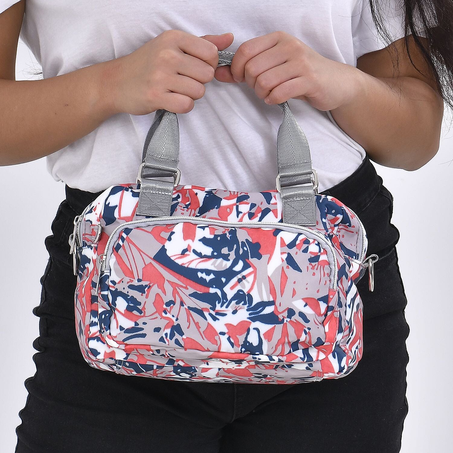 Leaves Pattern Crossbody Bag With Exterior 3 Zipped Pockets - Pink & Multi