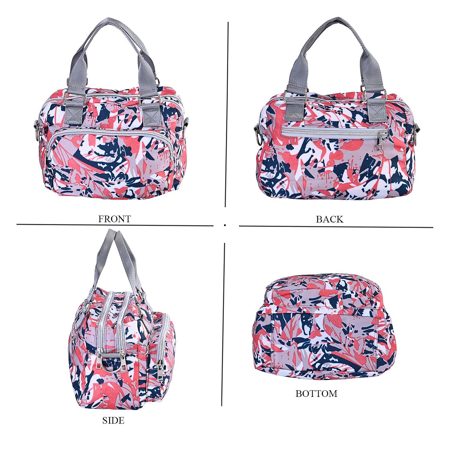 Leaves Pattern Crossbody Bag With Exterior 3 Zipped Pockets - Pink & Multi