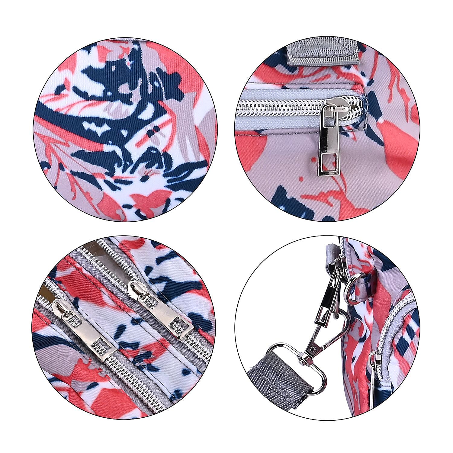 Leaves Pattern Crossbody Bag With Exterior 3 Zipped Pockets - Pink & Multi