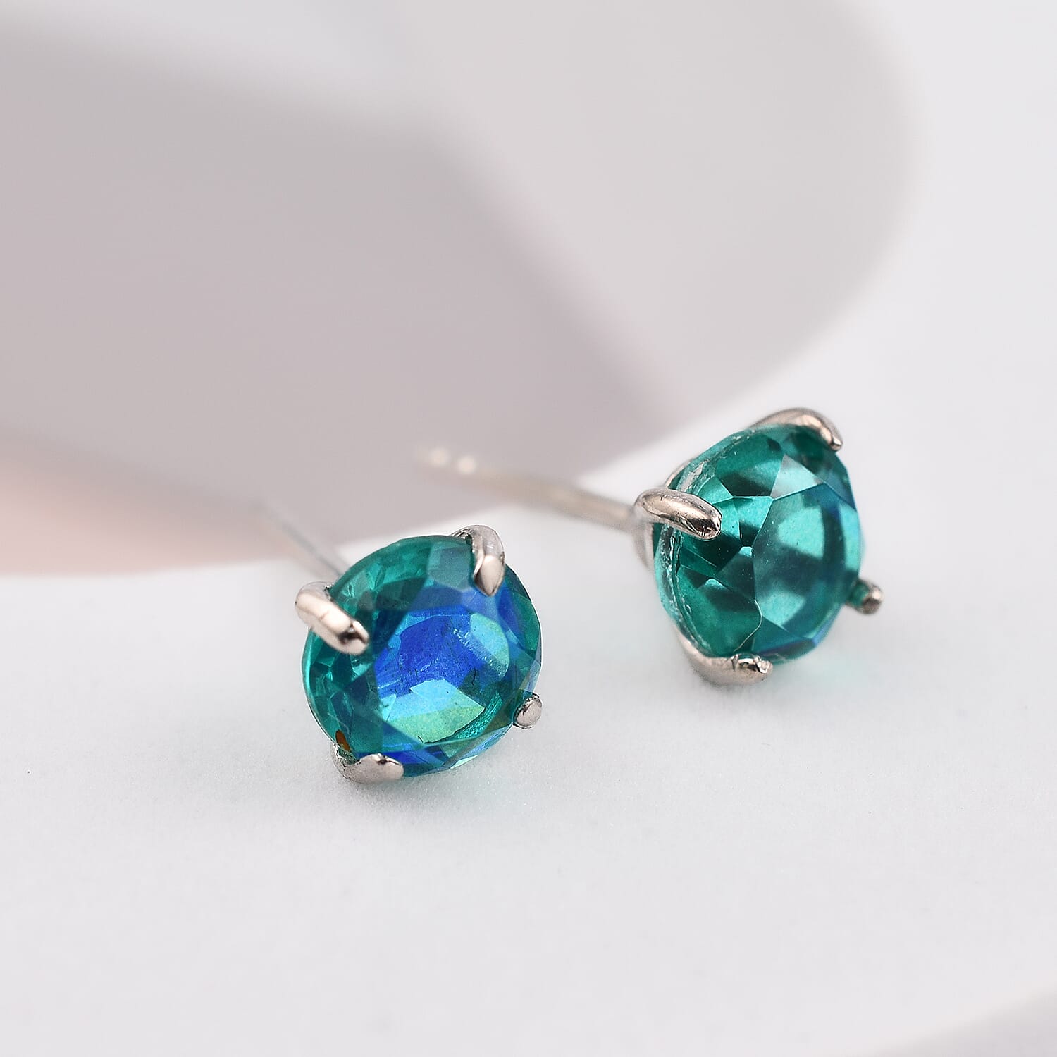 Peacock Triplet Quartz Stud Earrings with Push Back in Platinum Overlay Sterling Silver 1.75 Ct.