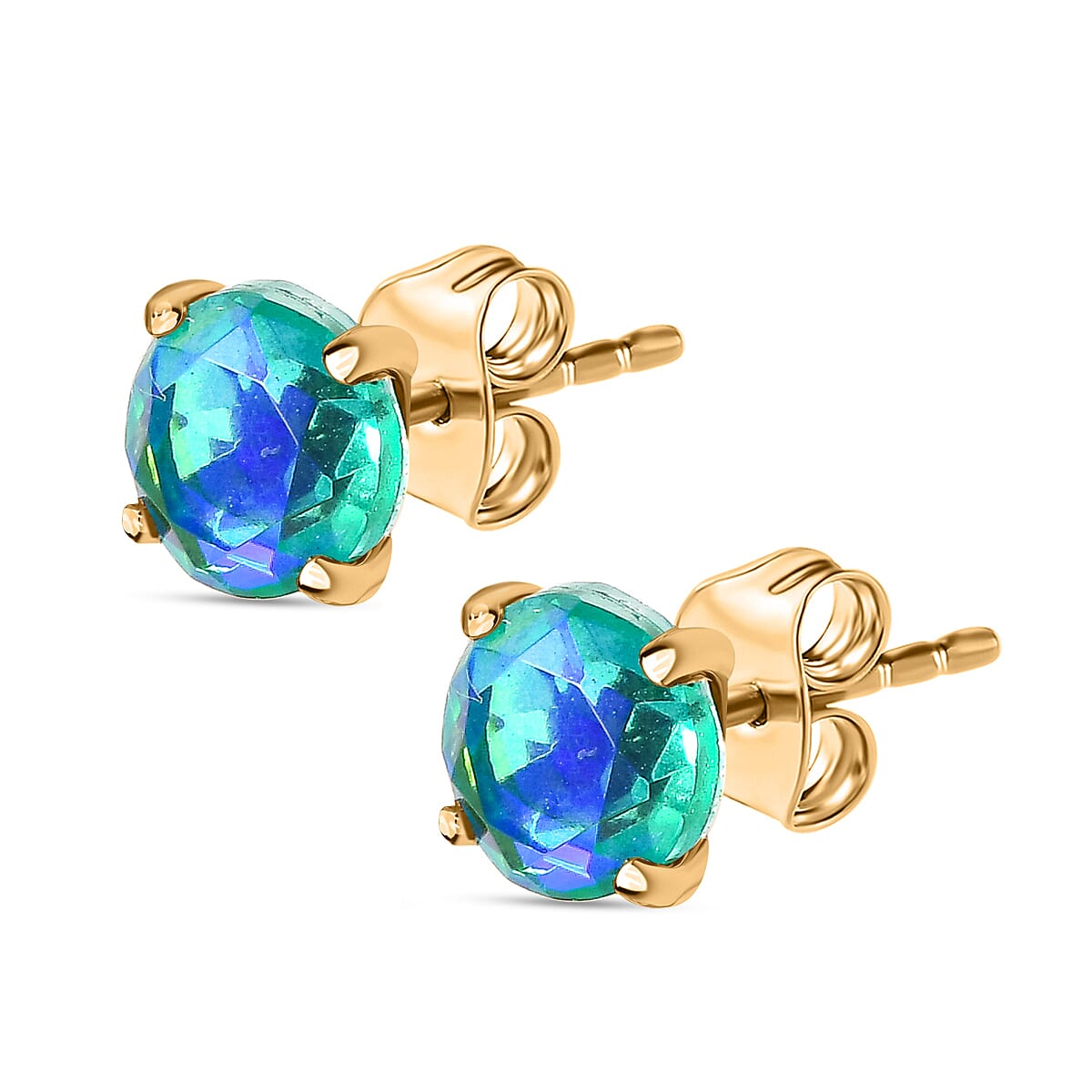 Peacock Triplet Quartz (6mm) Stud Earrings in 14K Gold Overlay Sterling Silver 2.00 Ct