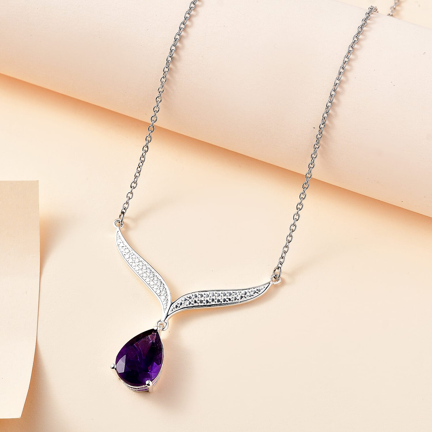 Amethyst Solitare Necklace With Chain (Size - 20) with Lobster Clasp in Sterling Silver 4.35 Ct.