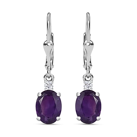 Amethyst and White Topaz Lever Back Earrings in Sterling Silver 1.67 Ct.